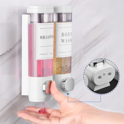 Shampoo and Conditioner Dispenser Bathroom Shower Soap Dispenser Wall Mounted Shampoo Dispenser for Shower Wall No Drill 2 * 350ml White 2 Chamber with Waterproof Labels Self - color: White 2