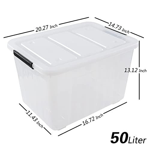 Jekiyo 50 L Clear Storage Bin on Wheels, Large Plastic Latching Box, 6 Pack - size: 50 L