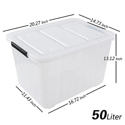 Jekiyo 50 L Clear Storage Bin on Wheels, Large Plastic Latching Box, 6 Pack - size: 50 L