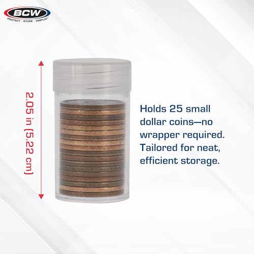 BCW Small Dollar Coin Tubes - 100 Count | Holds Sacagawea, Presidential & Susan B. Anthony Coins | Secure Plastic Coin Holders for Collectors & Storage | Durable Coin Collecting Supplies