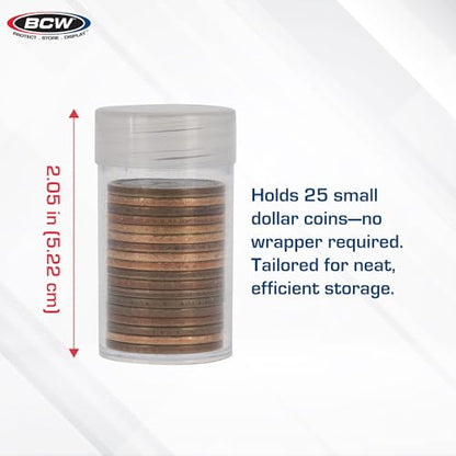 BCW Small Dollar Coin Tubes - 100 Count | Holds Sacagawea, Presidential & Susan B. Anthony Coins | Secure Plastic Coin Holders for Collectors & Storage | Durable Coin Collecting Supplies