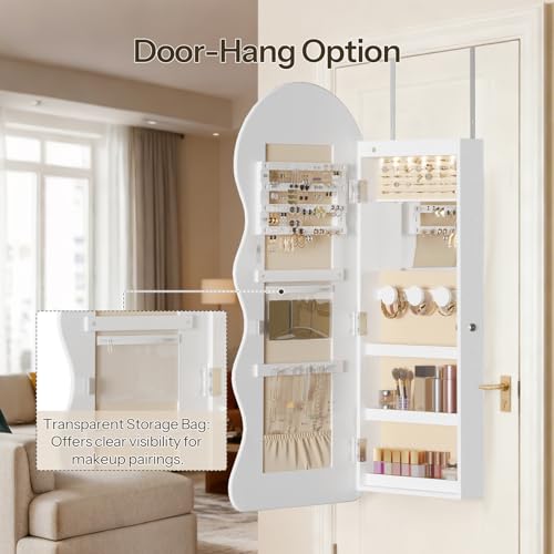 HOOBRO LED Mirror Jewelry Cabinet, Wall/Door Mounted Jewelry Organizer - color: White