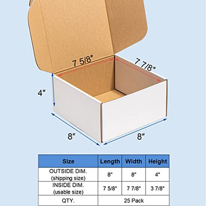Wowxyz 8x8x4" Shipping Boxes 25 Pack White Corrugated Cardboard Mailing Boxes for Small Business - Literature Mailer Packaging Supplies - size: 8x8x4"