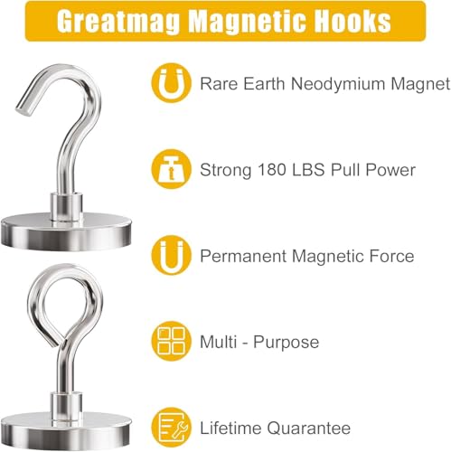 Neodymium Eyebolt & Magnet Hook Set, 200lbs Pulling Force Strong Fishing Magnets 1.65 Inch with Countersunk Hole Eyebolt for Fishing, Workplace, Home (Silver, Pack 4) - size: 4 Pack