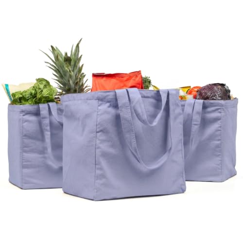 VeraMia Canvas Grocery Bag 3pc XL Set with Real Pockets, Long Shoulder Strap and Short Handle. Heavy Duty, Foldable, Washable - color: Lavender