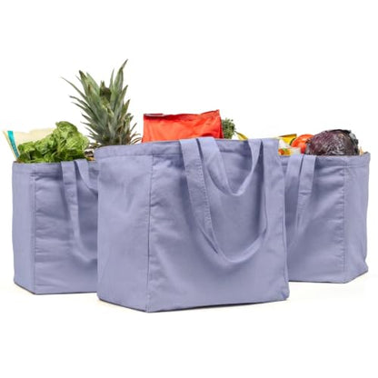 VeraMia Canvas Grocery Bag 3pc XL Set with Real Pockets, Long Shoulder Strap and Short Handle. Heavy Duty, Foldable, Washable - color: Lavender