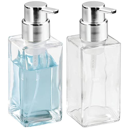 mDesign Glass Refillable Foaming Hand Soap Dispenser Modern Square Pump Bottle for Bathroom Vanities or Kitchen Sink, Countertops - 2 Pack - Clear/Chrome - color: Clear/Chrome