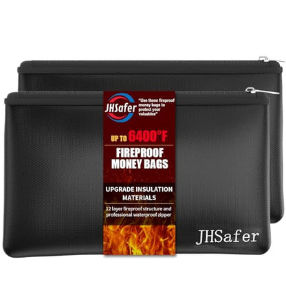 6400℉ Fireproof Money Bags with Zipper,Cash Safe Pouch,11''x6.3'' - color: Black
