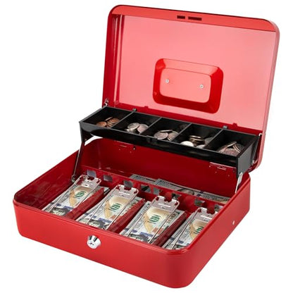 Jssmst Metal Cash Box with Money Tray and Lock, Portable Cash Drawer, 11.8" - color: Red Key