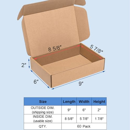 Wowxyz Shipping Boxes 9x6x2" 60 Pack Brown Corrugated Cardboard Box Mailer - size: 9x6x2"
