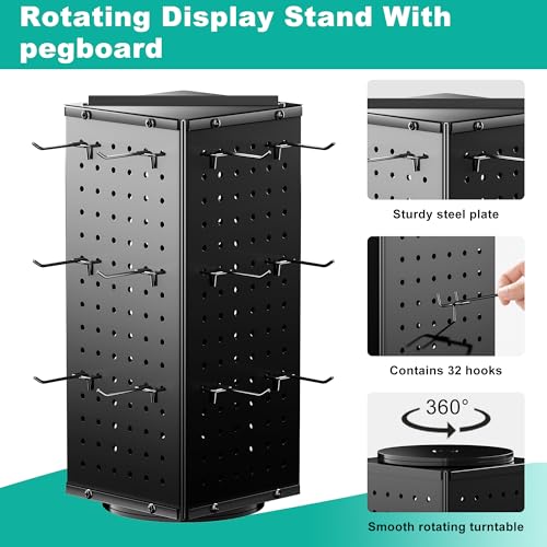 Rotating Peg Board Display Stand with 32 Hooks, Metal Revolving Pegboard Countertop Show Rack for Retail Vendors, 4-Sided Craft Rack Organizer for Keychain, Jewelry, Earring (Black)