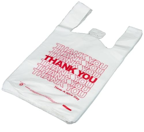 50 Count Thank You Plastic T-Shirt Bags with Handles, Heavy Duty 1.0 Mil (26 Micron) White HDPE, 11 x 6 x 21 in (1/6 BBL), Recyclable Grocery Carryout for Restaurants & Retail