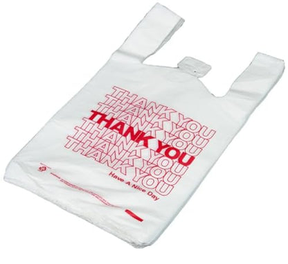 50 Count Thank You Plastic T-Shirt Bags with Handles, Heavy Duty 1.0 Mil (26 Micron) White HDPE, 11 x 6 x 21 in (1/6 BBL), Recyclable Grocery Carryout for Restaurants & Retail