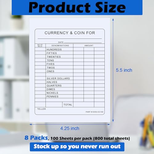 800 Pcs Currency and Coin Record Forms 5.5 x 4.25 Inch Deposit Slips Paper Currency & Coin Counting Record Sheets Bank Forms for Fundraiser Church or Christian College Universities