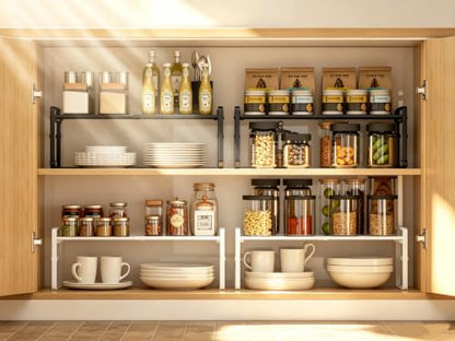 Expandable Cabinet Shelf Organizer Riser for Kitchen Under Sink Countertop - color: White