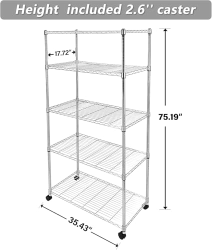 Simple Deluxe 5-Tier Heavy Duty Storage Shelves, 1750 Lbs Loading Capacity, 35.43" W x 17.72" D x 70.87" H Adjustable Shelving Unit with Wheels, Chrome - color: Chrome, size: 5-Tier, 36"W x 18"D x 71"H