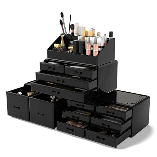 Readaeer Makeup Cosmetic Organizer Storage Drawers Display Boxes Case with 12 Drawers (Black) - color: Black