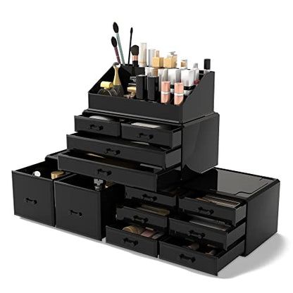 Readaeer Makeup Cosmetic Organizer Storage Drawers Display Boxes Case with 12 Drawers (Black) - color: Black