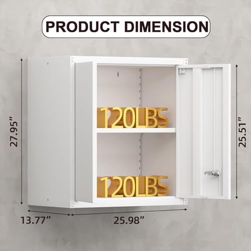 Metal Storage Cabinet with Lock, Kitchen Cabinets Wall Mounted, Steel Wall Cabinet with Doors and Shelf, Hanging Cabinet for Laundry, Pantry, Home Office, White - color: 28"h - White