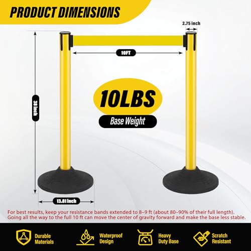 STARSIGNS 6 Pack Crowd Control Barriers - Weighted Base Stanchions with 10 Feet Retractable Belts Yellow Stanchion Posts Set for Retail, Banks, Public Spaces - color: Yellow- 6 Packs