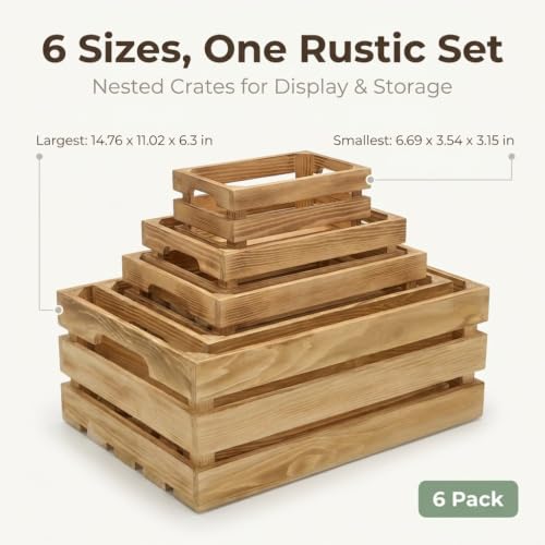 Wooden Crates for Display 6 Pack, Rustic Nesting Wood Crates