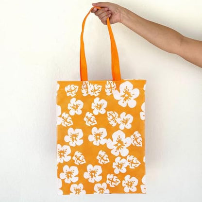 Fun Express Reusable Hibiscus Tote Bags (set of 12) Bright Haiwian colors, Tiki and Luau theme - Great for Groceries or Destinaton Wedding and Party Favors