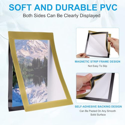 PATIKIL 4 x 6 Inch Magnetic Sign Holder, 12Pcs Self-Adhesive Soft Magnetic Border Wall Mount PVC Picture Frames Document Holder for Wall Window Home Office Store Poster, Gold - color: Gold