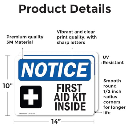 (2 Pack) First Aid Kit Inside Sign With Symbol OSHA Notice Sign 14 Inch X 10 Inch Vinyl Label Decal Sticker Weather Resistant, UV Protected for Workplace, Business, and Construction Site, Made in the USA - size: 14 Inch X 10 Inch, style: Vinyl Decal