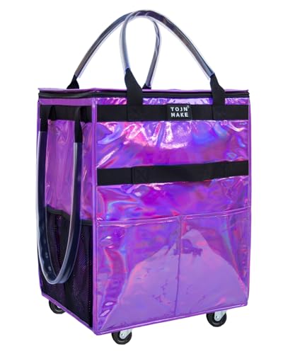 Reusable Grocery Bag with Wheels, Medium Glitter Purple Rolling Tote - color: Glitter Purple, size: Medium
