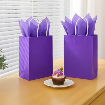 SUNCOLOR Purple Gift Bags with Tissue Paper, 24 Pack 8" Small Kraft Paper Party Favor Bags with Handles for Birthdays, Weddings, Bridal Showers - color: Purple