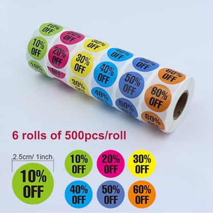 6Rolls/3000 PCS Discount Stickers, Percent Discount from 10% to 60%