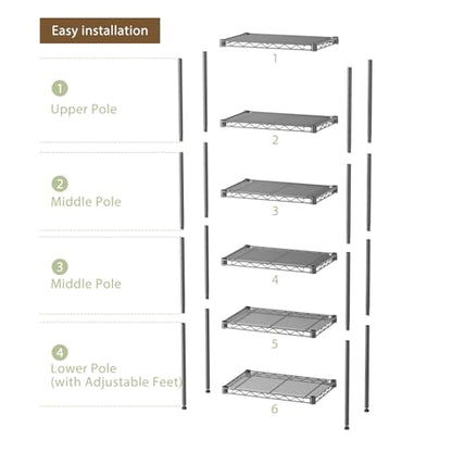 SINGAYE 6 Shelves Storage Shelf Wire Shelving Unit Metal Adjustable Wheels - color: Black, size: 6Tier/11.5"D X 17.5"W X 61.5"H