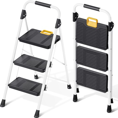 KINGRACK 3 Step Folding Ladder, 800lbs Capacity Step Stool with Safety Lock, Non-Skid Wide Pedals, and Handrail, Lightweight, Household Ladder for Home, Kitchen, Pantry, Closets, and Office Use, White - size: 3-STEP