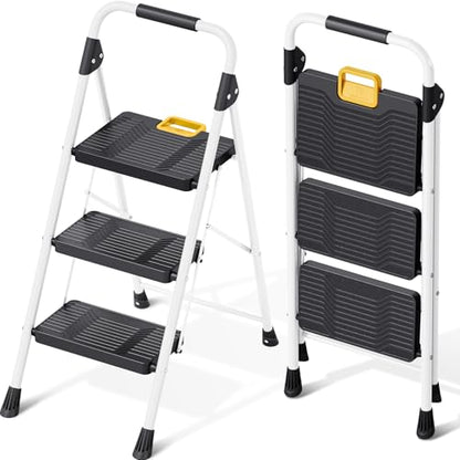 KINGRACK 3 Step Folding Ladder, 800lbs Capacity Step Stool with Safety Lock, Non-Skid Wide Pedals, and Handrail, Lightweight, Household Ladder for Home, Kitchen, Pantry, Closets, and Office Use, White - size: 3-STEP
