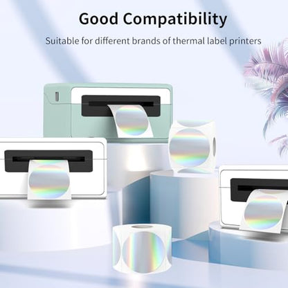 2" Circle Holographic Thermal Label Stickers, Round Printable Rainbow Glitter Thermal Printer Sticker Labels for Gift Wrapping, Self-Adhesive DIY Custom Logo Design- Silver (300Pcs/Roll) - color: Holographic Silver, size: 2 inch