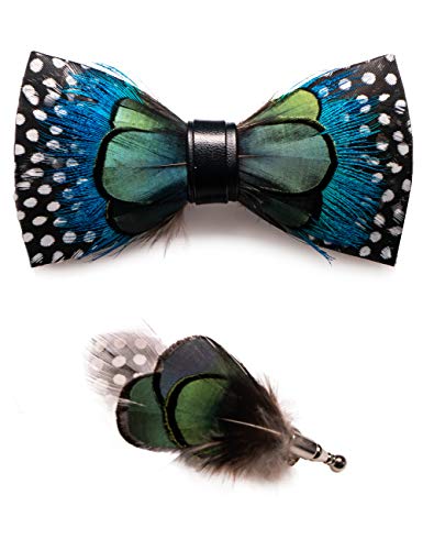 RBOCOTT Handmade Feather Pre-tied Bow tie and Brooch Sets for Men - color: Green/Blue/Black/White