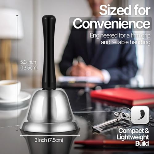 Flexzion Hand Bell for Service - Loud Dinner Bell & Desk Bells with Black Handle, Silver Steel Ringer for Classroom, Hotel Front Desk, School, Elderly at Home Nurse Call Pet Training Food Line, 2 Pack