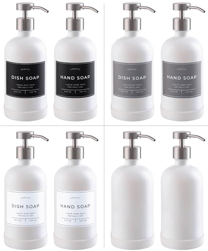 Hand and Dish Soap Dispenser for Kitchen and Bathroom, Set of 2 16 Oz Glass Bottles, Stainless Steel Pumps, Non-Slip Silicone Base, 27 Waterproof Labels (Matte White Bottle/Brushed Silver Pump) - color: Matte White Bottle / Brushed Silver Pump