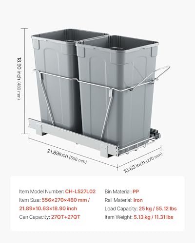 VEVOR Pullout Trash Can for Kitchen Cabinets, 27QTx2 Double Under Sink Garbage Waste Recycling Bin, Under Mount Waste Container, with Heavy Duty Metal Full Extension Sliding System and Handle Grey - size: 54QT(27QTx2)