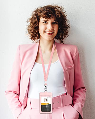 Teskyer Leather ID Badge Holder with Lanyard, Vertical Starry Pink - color: Starry Pink, size: Vertical