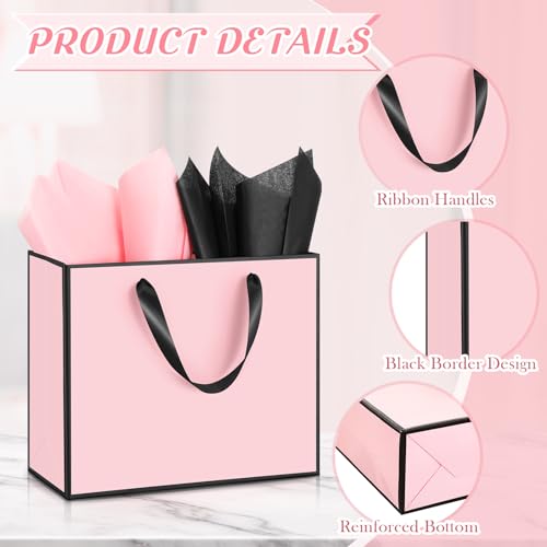 ReliThick 12 Pack Paper Gift Bag with Handles & Tissue, Pink, Black - color: Pink, Black