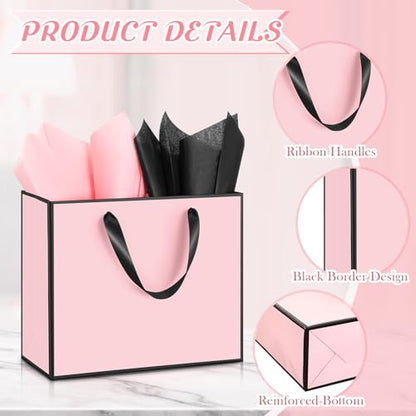 ReliThick 12 Pack Paper Gift Bag with Handles & Tissue, Pink, Black - color: Pink, Black