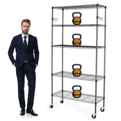 BolDuck 5 Tier Storage Shelves with Wheels, 1750lbs Capacity Heavy Duty Shelving Units, 14x36x75inch Adjustable Metal Shelf Wire Shelving Rack for Garage, Kitchen, Office, Black - size: 5 Tier Shelf