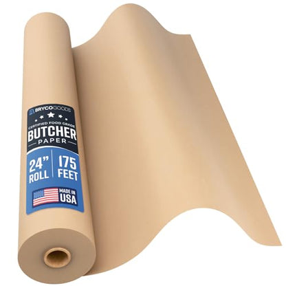 Bryco Goods 24 Inch x 175 Feet, Brown Butcher Paper Roll, Unbleached, Uncoated, Unwaxed, Food-Grade, Wide Kraft Paper for BBQ, Smoking, Grilling, Wrapping Meat, Table Covering - USA Made - size: 24 Inches x 175 Feet (1-Pack)