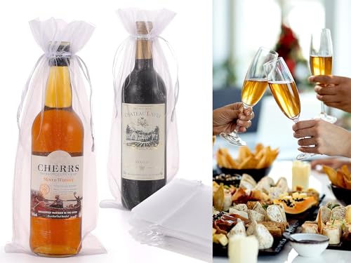 WLEAD Organza Wine Bags 14.9 x 5.9 Inch Drawstring Sheer Mesh Wine Gift Pouches, Reusable Wine Bottle Wrap Covers for Wedding Baby Shower Christmas Halloween Thanksgiving Festival Gift Decor, White