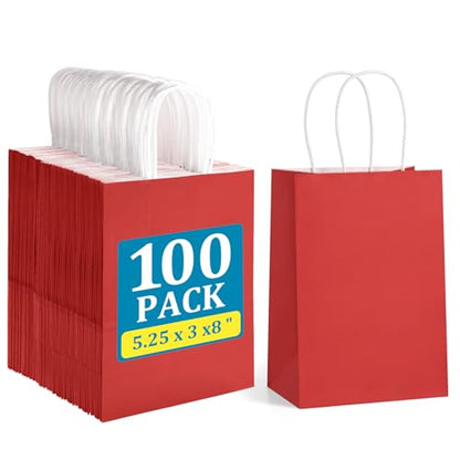 BagDream Gift Bags with Handles 5.25x3x8 Inch Bright Red 100 Pack Bulk - color: Red