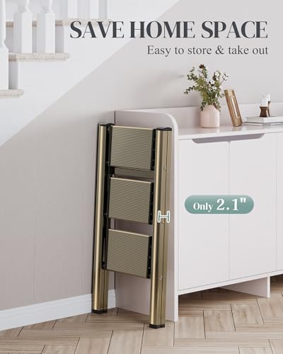 3 Step Ladder, Foldable Aluminum Step Stool with Anti-Slip Pedal - color: Champagne Gold, size: 3 Step