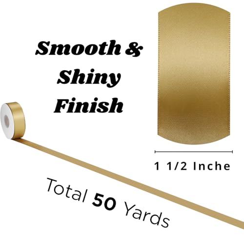 Gold Ribbon 1 1/2 Inch x 50 Yards – Double Faced Luxury Satin Ribbon for Holiday Gift Wrapping, Wedding, Party Bows & Crafts - color: Gold, size: 1-1/2 inch