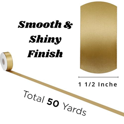 Gold Ribbon 1 1/2 Inch x 50 Yards – Double Faced Luxury Satin Ribbon for Holiday Gift Wrapping, Wedding, Party Bows & Crafts - color: Gold, size: 1-1/2 inch