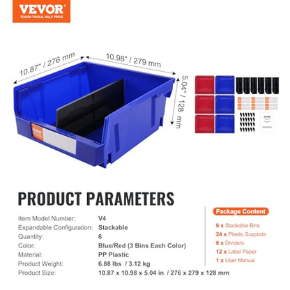 VEVOR Plastic Storage Bins 6 Pack (11 x 11 x 5-Inch), Hanging Stackable Storage Organizer Bins, Heavy Duty Stacking Containers for Closet, Garage, Office, Home, Pantry or Small Parts Organization - style: Red&Blue-6PC-10L